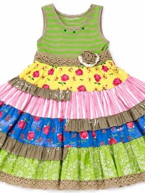 Mustard Pie Colorful Tiered Floral Girls' Dress - Green, Yellow, Pink, Blue